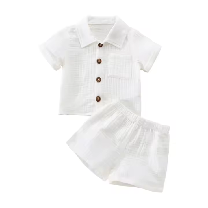 Conjunto de ropa informal para bebés de lino y algodón, trajes de verano lisos con manga corta, bolsillo y botones, conjunto de ropa de 2 piezas - 1