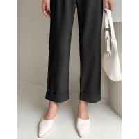 Pantalones de mujer de cintura alta negros de pierna ancha fluidos con bolsillos algodón de calidad Original - details 5