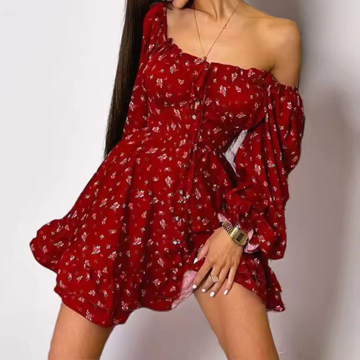 2025 primavera nueva ropa de mujer europea y americana vestido de manga larga con cintura estampada de moda y sexy con cuello en V - 1