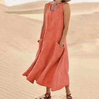 Vestido sin tirantes de lino y algodón para mujer, vestidos de colores lisos con bolsillos laterales dobles, vestido informal de verano - details 5