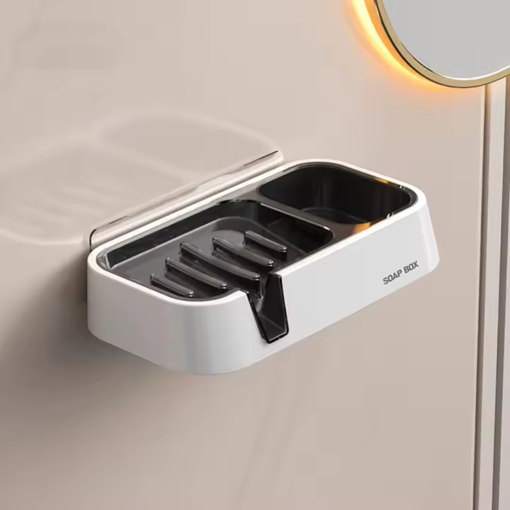 Jabonera de montaje en pared, caja de jabón de agua autodrenante con ahorro de espacio, contenedor de cepillo, soporte de jabón sin taladro para Baño - 1