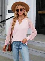 Camiseta holgada de manga larga para mujer, blusa informal de Color liso con costura de encaje y cuello en V, moda de primavera y otoño, 2023 - details 7