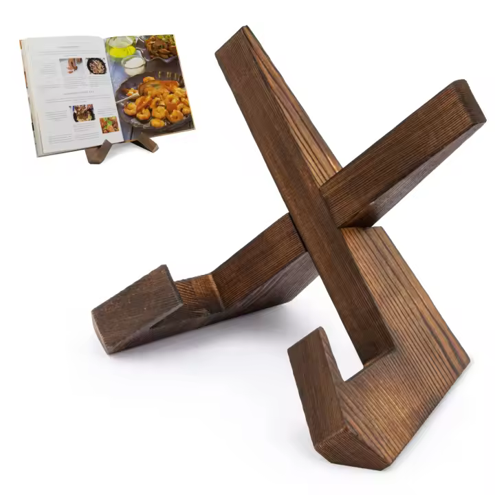 Soporte para libros de cocina para cocina, soporte para libros de recetas para mostrador de cocina, soporte para libros de cocina de madera, soporte para libros de cocina rústico - Marrón rústico - 1