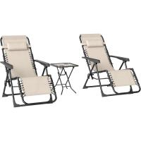 Set de 2 Tumbonas Jardín Exterior Plegables con Mesa Auxiliar Portavasos Tumbonas de Gravedad Cero con Respaldo Ajustable Reposabrazos Extraíble para Patio Piscina Terraza Exterior Beige - details 0
