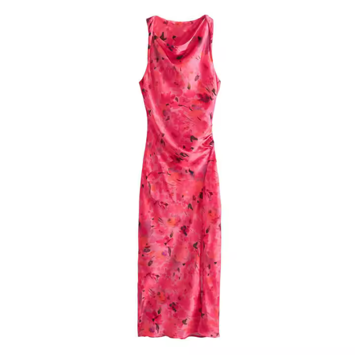 - Falda estampada elegante para mujer, retro plisada con volantes, cuello redondo, sin mangas, dobladillo dividido, playa - 1