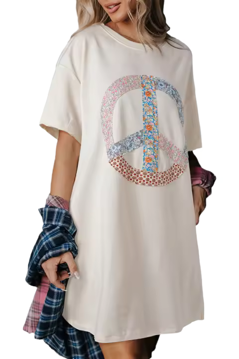 Elrachen Vestido tipo camiseta con estampado floral y signo de la paz para mujer, blanco, tallas S-XL - 1