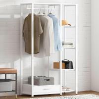 Perchero de ropa Burro, perchero doble de pie con estantes y cajón, perchero de madera 3 en 1 con 4 niveles para dormitorio - details 1