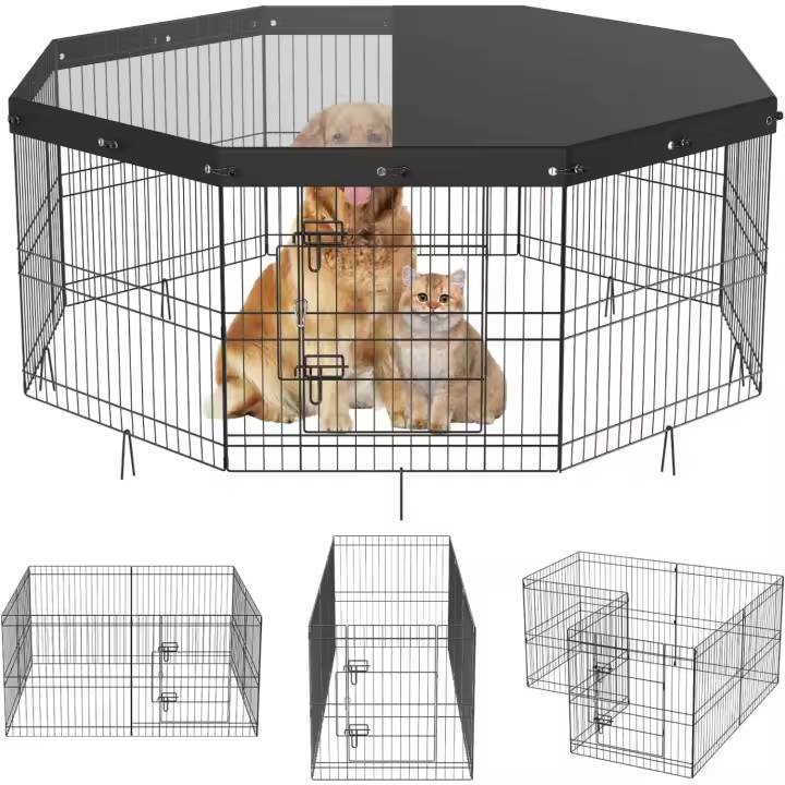 VEVOR Valla para Perros de 61x61 cm, Parque para Perros, Conejos, Gatos, con Valla de Cubierta Superior para Mascotas Pequeñas y Medianas, 8 Paneles de Malla Metálica Plegables para Camping, Viajes - 1
