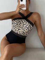 Traje de Baño de Malla Sexy Leopardo Traje de Baño de Cuello Alto para Mujeres - details 0