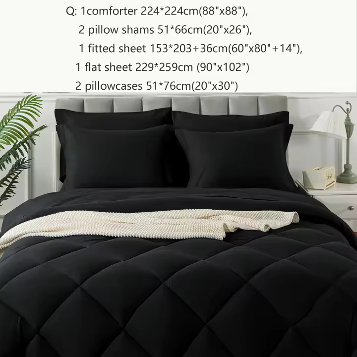 Juego de edredón Reversible, ropa de cama suave de 200gsm, color negro, para todas las estaciones, 7 piezas - 1