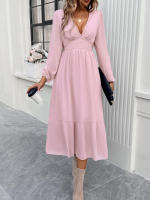 Vestido largo elegante de color sólido con cuello en V para otoño e invierno - details 15