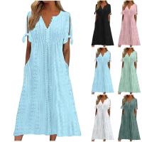 Elegante Vestido de Manga Corta con Cuello Redondo Color Sólido, Moda Casual con Bolsillos y Botones - details 28