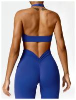 Sujetador deportivo con cuello Halter para mujer, Top fruncido de alto soporte para gimnasio, ropa de entrenamiento, corsé de - details 2