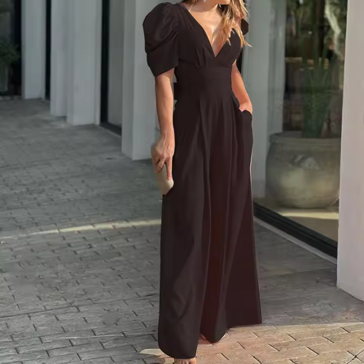 Mono elegante plisado y sexy con cuello en V y cintura alta, nueva moda femenina de primavera 2025 - 1