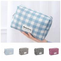 Bolsa con cierre para cosméticos a cuadros de celosía Simple, neceser de viaje de gran capacidad, bolsa de maquillaje impermeable de poliéster para mujeres/hombres - details 0