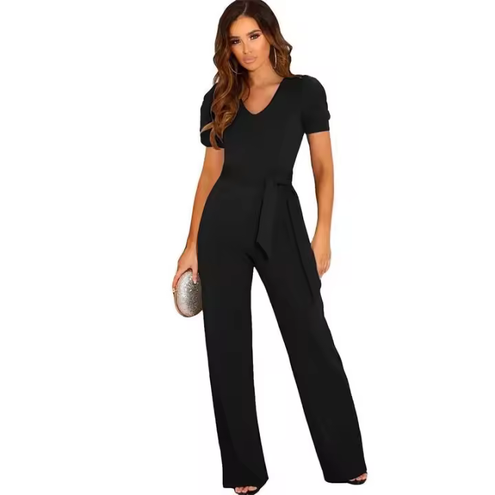 Novedad de verano, mono envuelto en la cintura con tirantes, pantalones largos de pierna ancha de manga corta con cuello en V de Color sólido para mujer - 1