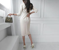 BGTEEVER-vestido ajustado elegante con cuello en V para mujer, vestido de tubo con cinturón de cintura delgada, moda de otoño - details 8