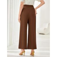 Pantalones de vestir coreanos elásticos cómodos y elegantes de cintura alta anchos de pierna recta marrón para mujer - details 5