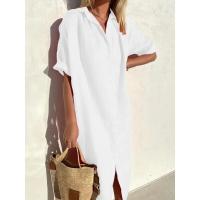 Vestido camisero largo de lino y algodón con botones de manga corta holgado informal elegante para mujer - details 5