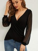 Nueva camiseta de encaje de retazos de estilo francés para mujer, camiseta cruzada suelta de manga linterna - details 2
