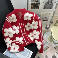 Flor flocada Nuevo cárdigan de punto rojo diseño de mujer nuevo suéter elegante de gama alta con cuello en V abrigo suéter - details 12