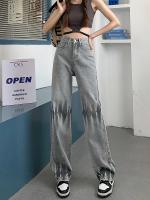 Pantalones vaqueros grises para mujer, pantalones rectos de cintura alta con tinte anudado, pantalones de pierna ancha holgados Vintage, pantalones vaqueros informales de autocultivo para mujer de verano - details 5
