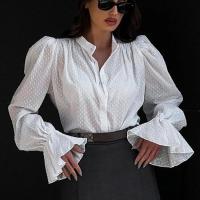 Camisas con mangas abullonadas para mujer, Top holgado de Color sólido, blusas elegantes con cuello levantado para primavera y otoño - details 2