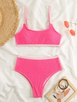 Conjunto de Bikini de cintura alta para mujer, traje de baño de color naranja liso, bañador de playa, Verano - details 6