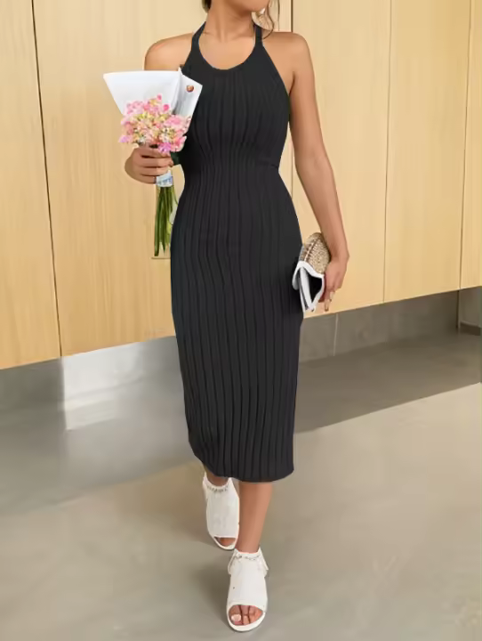 Vestido midi ajustado de verano para mujer, cuello halter, sólido, cintura alta, elegante, vestido de oficina sin mangas, poliéster. - 1