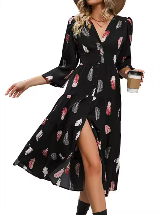 Vestidos de manga larga con estampado de plumas, cuello en V, moda primavera y otoño, nuevo vestido dividido de corte A para mujer - 1