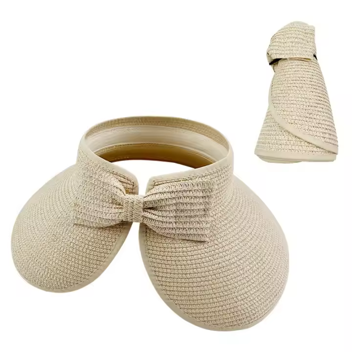 Nuevas mujeres verano viseras sombrero plegable ancho ala grande Bowknot vacío superior sombreros de paja playa gorras de protección - 1