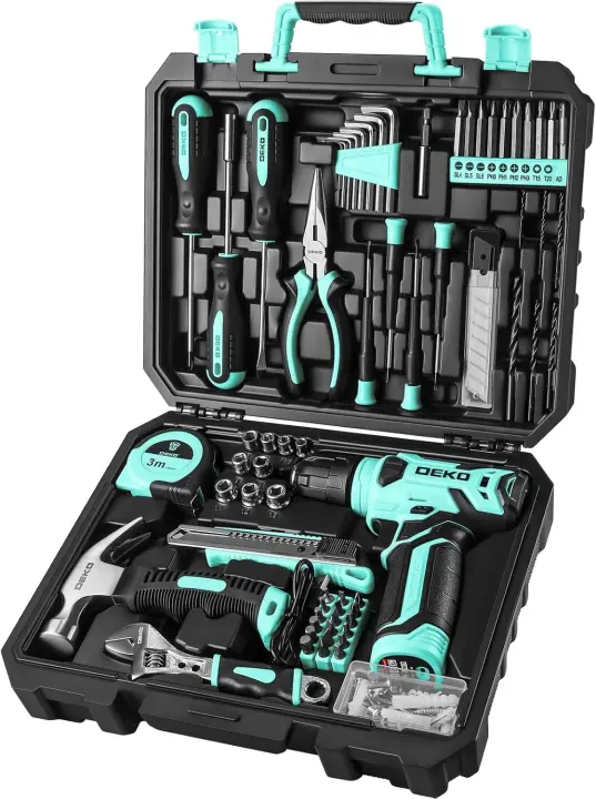 Caja Herramientas Completa con Destornillador Eléctrico/Taladro con batería de 8V, Maletín de 126 Piezas, Caja profesional de herramientas Domésticas de Bricolaje para Oficina y Jardín, Azul - 1