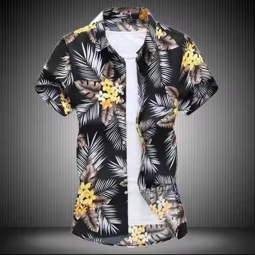 Camisa azul negra púrpura con solapa de un solo pecho de manga corta estampada blanca de verano para hombre, talla asiática M-5XL 6XL 7XL - 1