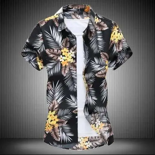 Camisa azul negra púrpura con solapa de un solo pecho de manga corta estampada blanca de verano para hombre, talla asiática M-5XL 6XL 7XL - 1