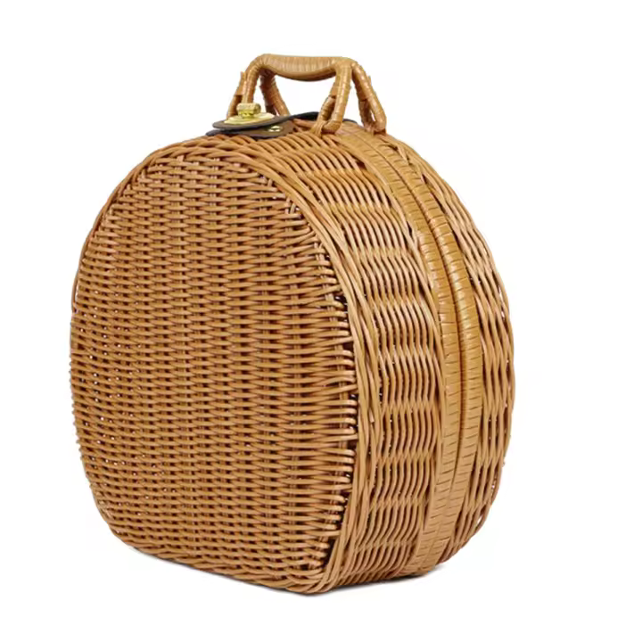 Cesta redonda de ratán, Maleta de almacenamiento tejida de ratán Vintage, caja de almacenamiento de mimbre con asas - 1