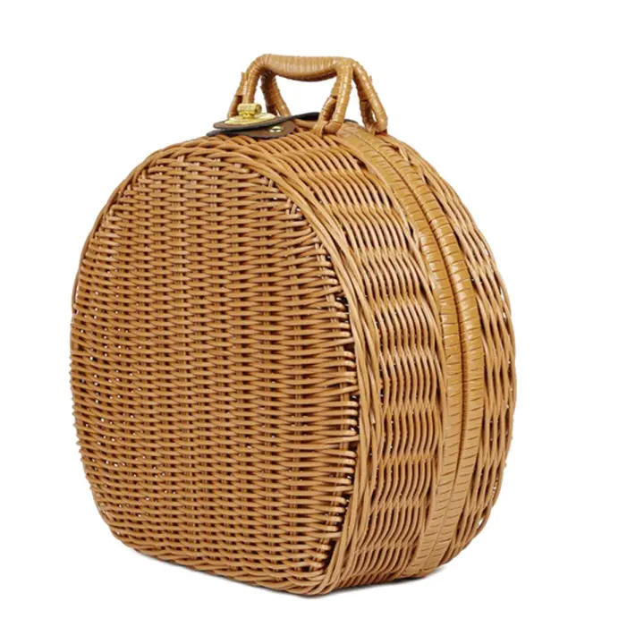 Cesta redonda de ratán, Maleta de almacenamiento tejida de ratán Vintage, caja de almacenamiento de mimbre con asas - 1