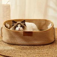 Cama de ratán tejida a mano con forma ovalada para mascotas, cesta de algodón con cuerda para rascar, estilo japonés, ideal para el verano - details 5