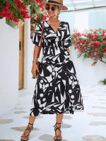 Vestido acampanado bohemio estampado para mujer, ropa informal de manga corta con burbujas, Vintage, elegante, verano, 2024 - details 8