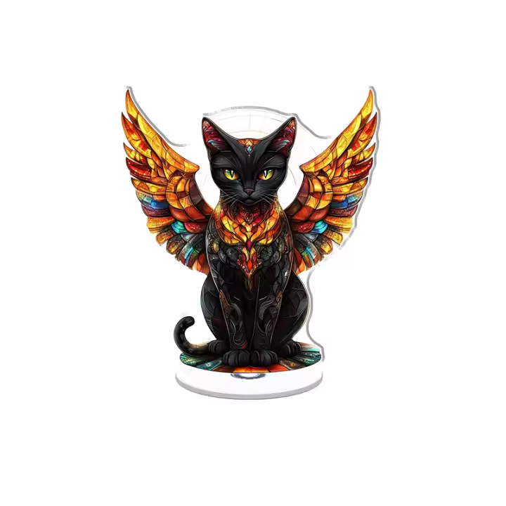 Expositor acrílico giratorio con un patrón de vidriera ultrarrealista de un gato negro con alas y detalles brillantes sobre un fondo blanco. - 1