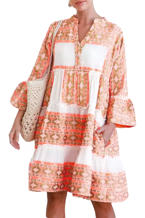 Elrachen Vestido con cuello en V y botones escalonados con volantes y estampado geométrico para mujer, naranja, tallas S-XL - 1