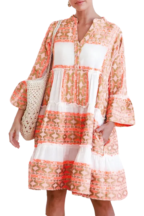 Elrachen Vestido con cuello en V y botones escalonados con volantes y estampado geométrico para mujer, naranja, tallas S-XL - 1