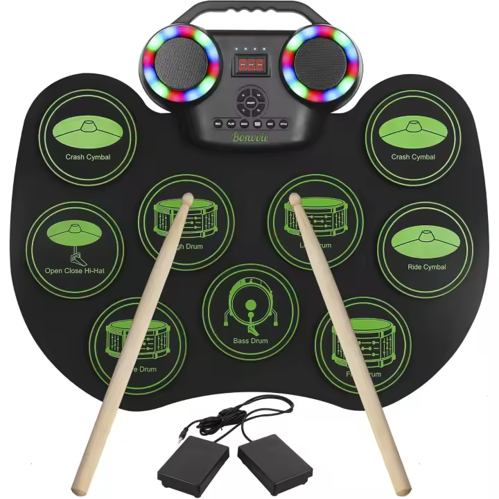 Electrónica E-Drum Kit, Bonvvie Tambor Digital Enrollable Portátil Recargable con 9 Pads, MIDI, DTC, Altavoces Integrados, Ideal para Niños, Estudiantes, Principiantes, Entusiastas - 1