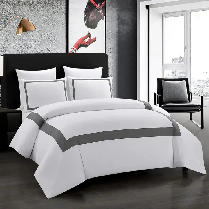 OSVINO Juego de Funda Nórdica Hotel Blanco con Azul 220x240 cm con 2 Fundas de Almohada 50x75 cm Fundas para Edredón Listadas Microfibra Moderna - 1