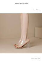 Transparente tacones altos verano cuero nueva celebridad de Internet versátil zapatillas exteriores con falda cristal grueso tacón sandalias mujeres - details 18