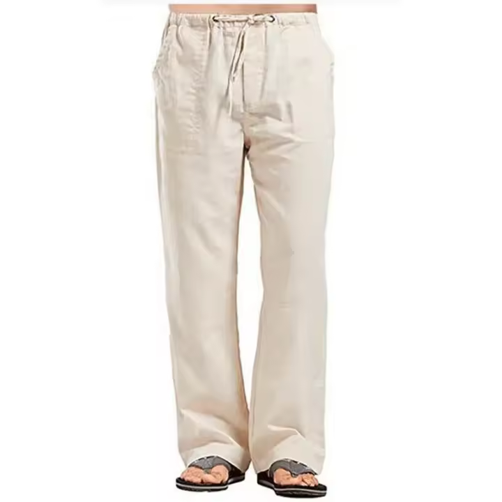 Pantalones de lino transpirables de Color sólido de verano de algodón para hombre pantalones casuales de cintura elástica para hombre - 1