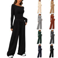 Conjunto de otoño Camiseta asimétrica de manga larga Pantalones de pierna ancha Traje informal Chándal - details 2