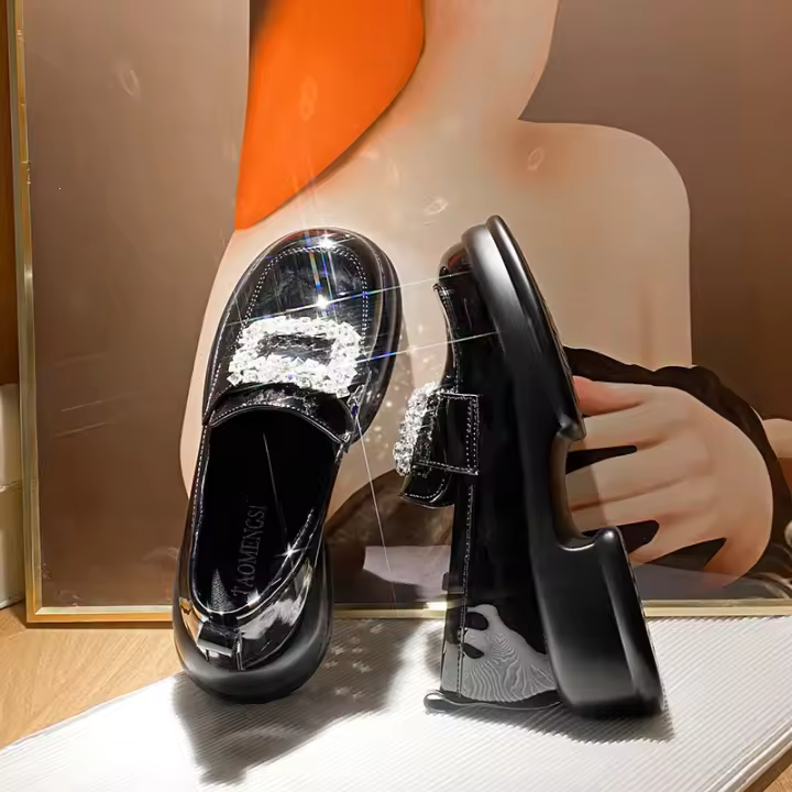 Mocasines perezosos de charol con suela gruesa, diamantes de imitación y hebilla cuadrada - 1