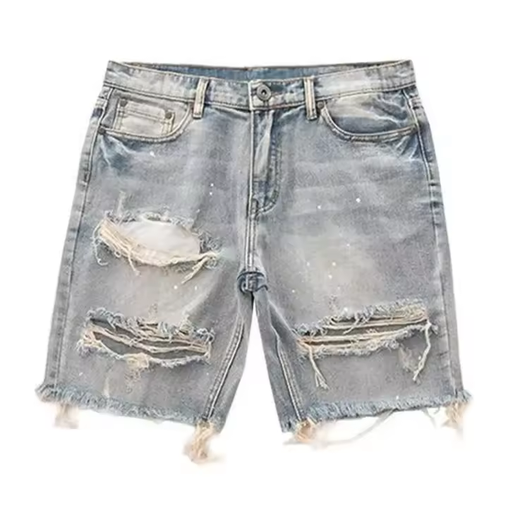 Pantalones Cortos de Mezclilla para Hombre Diseño de Múltiples Bolsillos, Ajuste Delgado, Desgastado, Moda Verano - 1