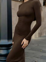 Vestido largo ajustado de punto marrón para mujer, nuevo estilo, otoño e invierno, moda - details 11