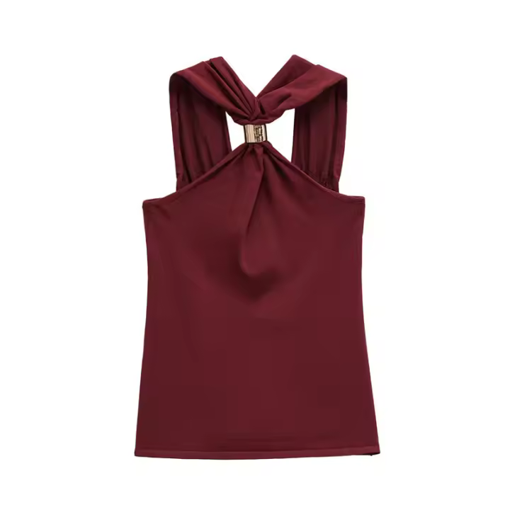Camiseta Sin Mangas de Punto para Mujer OUWU Top Corto Ajustado Elástico con Detalle de Metal Sin Mangas y Espalda Descubierta - 1